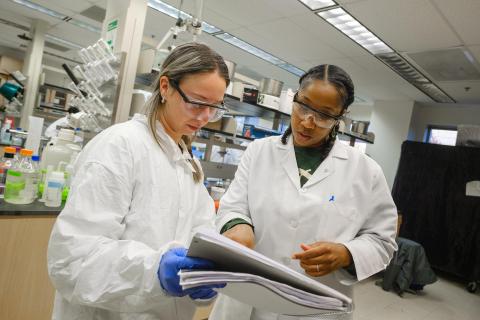 Two people look at a notebook in a lab for ABT 495