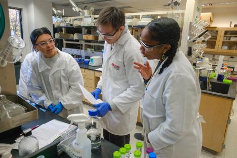 Three people work in a lab for ABT 495